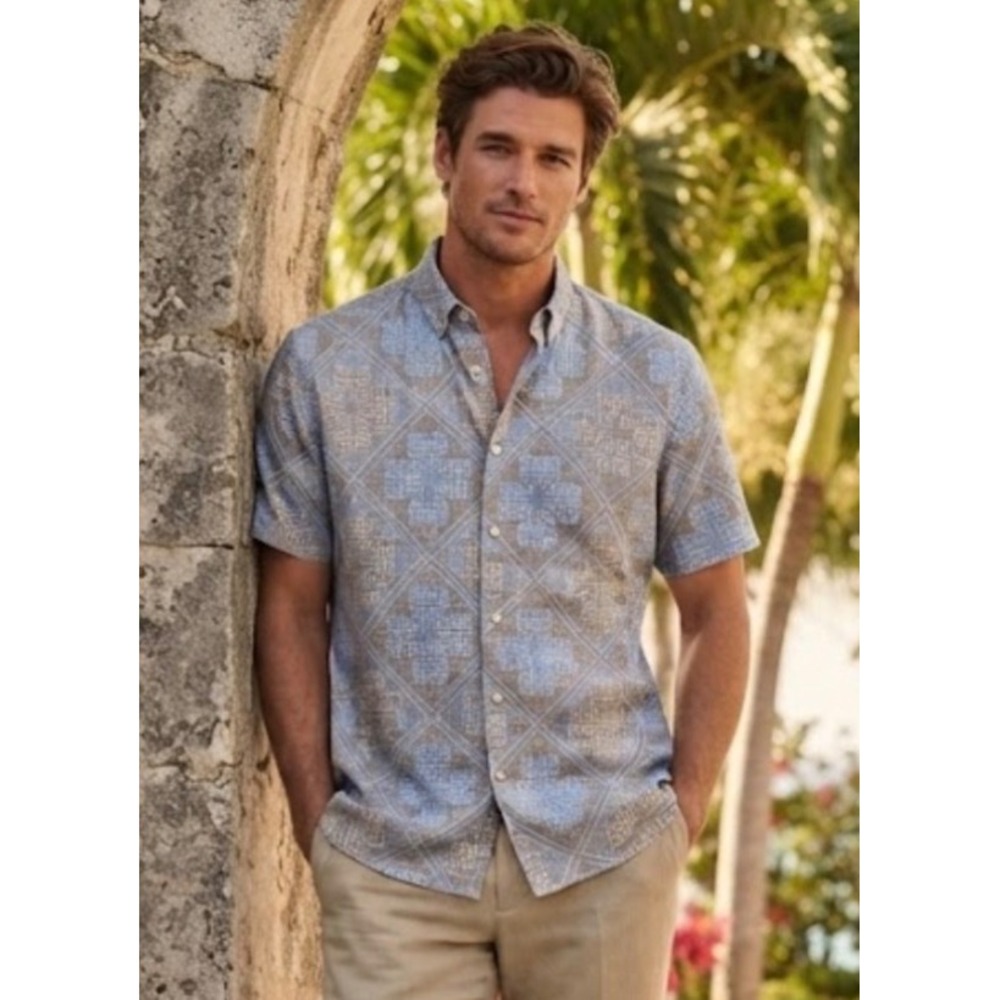 Reyn Spooner Mens Tailored Fit Short Sleeve Button Down Shirt XL Blue Grey Print